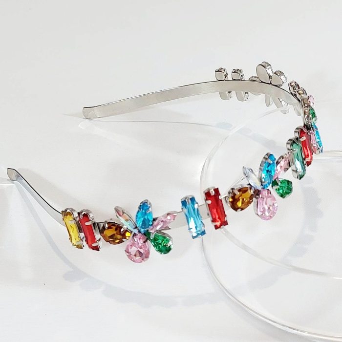 a stunning multi coloured crystal headband to wear to festivals or races from the divalicious candyland collection