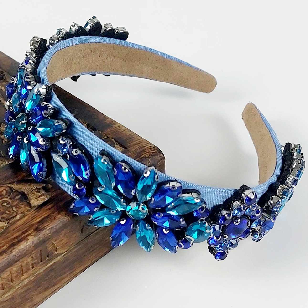 blue crystal jewelled headband for races wedding