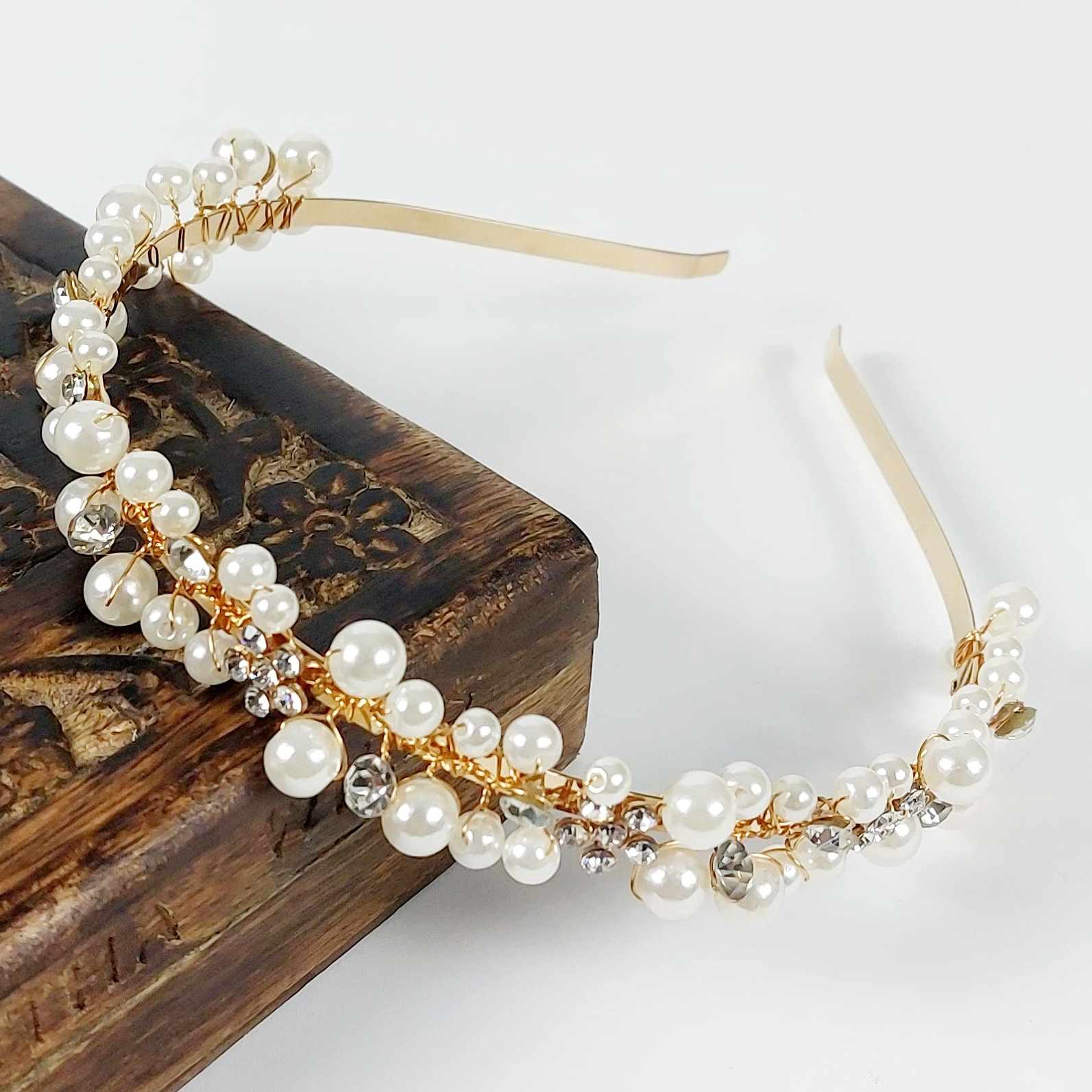 wear pearl and diamante gold metal headband to the races and wedding